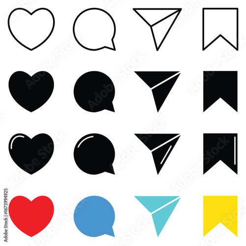 Social Media Icons Set Hearts, Comments, Shares, and Saves