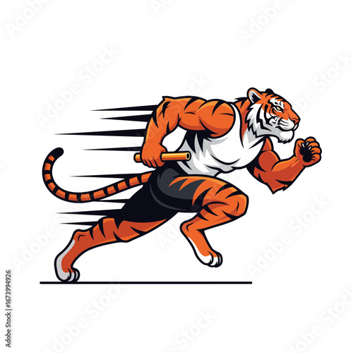 Powerful tiger mascot sprinting in a relay race with a baton. An athletic and fast cartoon character symbolizing sports competition and teamwork