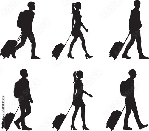 Black silhouettes of people walking with luggage travel