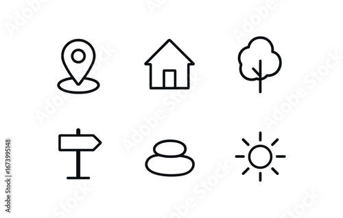 simple outline stroke icon isolated on white background: place house icon tree edge path mark stone base sun glow