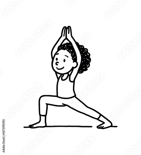 Doodle line comic style vector illustration African girl with curly hair yoga class standing pose black outline simple imperfect lines minimal details isolated on white