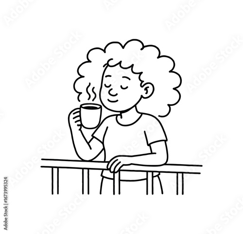 Doodle line comic style vector illustration African girl with curly hair drinking coffee on balcony black outline simple imperfect lines minimal details isolated on white