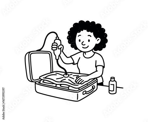 Doodle line comic style vector illustration African girl with curly hair vacuum sealing suitcase packing for trip black outline simple imperfect lines minimal details isolated on white