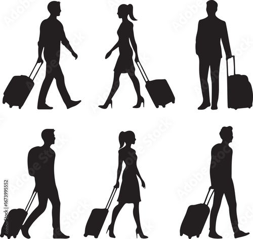 Six Silhouettes of People Walking with Luggage suitcase