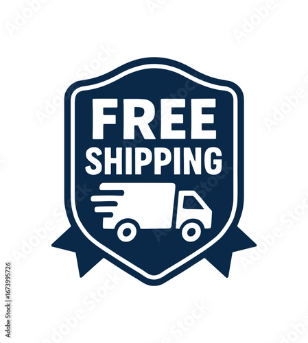 Flat vector banner design text FREE SHIPPING bold font navy and white palette badge vector style minimal clean isolated on white
