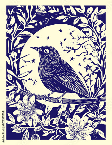landscape lino cut illustration drawing flower illustration tree mountain flowers road park bird moon finch