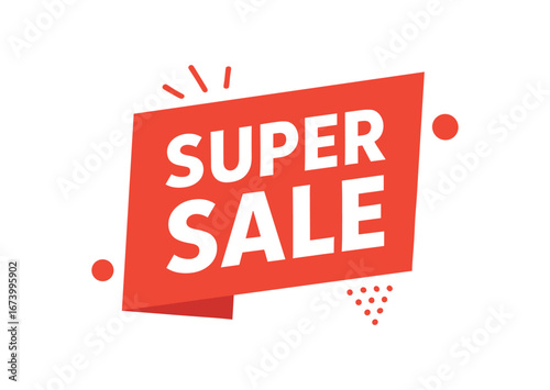 Flat vector banner design text SUPER SALE bold font red and white palette cut rectangle badge isolated on white