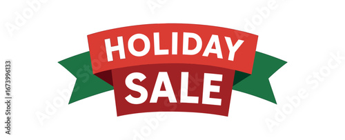 Flat vector banner design text HOLIDAY SALE bold clean font green and red palette ribbon festive style isolated on white