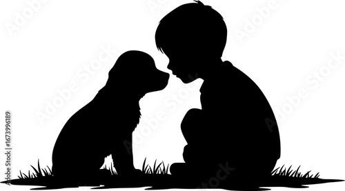 Little Boy sitting/petting With cute little Dog Cartoon silhouette