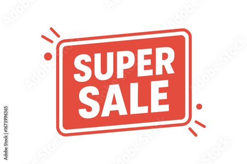 Flat vector banner design text SUPER SALE bold font red and white palette rectangle badge isolated on white