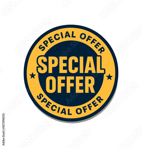 Round badge vector design text SPECIAL OFFER bold font and navy palette circular sticker isolated on white