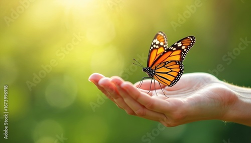 Monarch butterfly rests on open human hand with softly blurred green, yellow background. Macro shot conveys themes of nature conservation, gentle interaction with wildlife. Sunlight illuminates