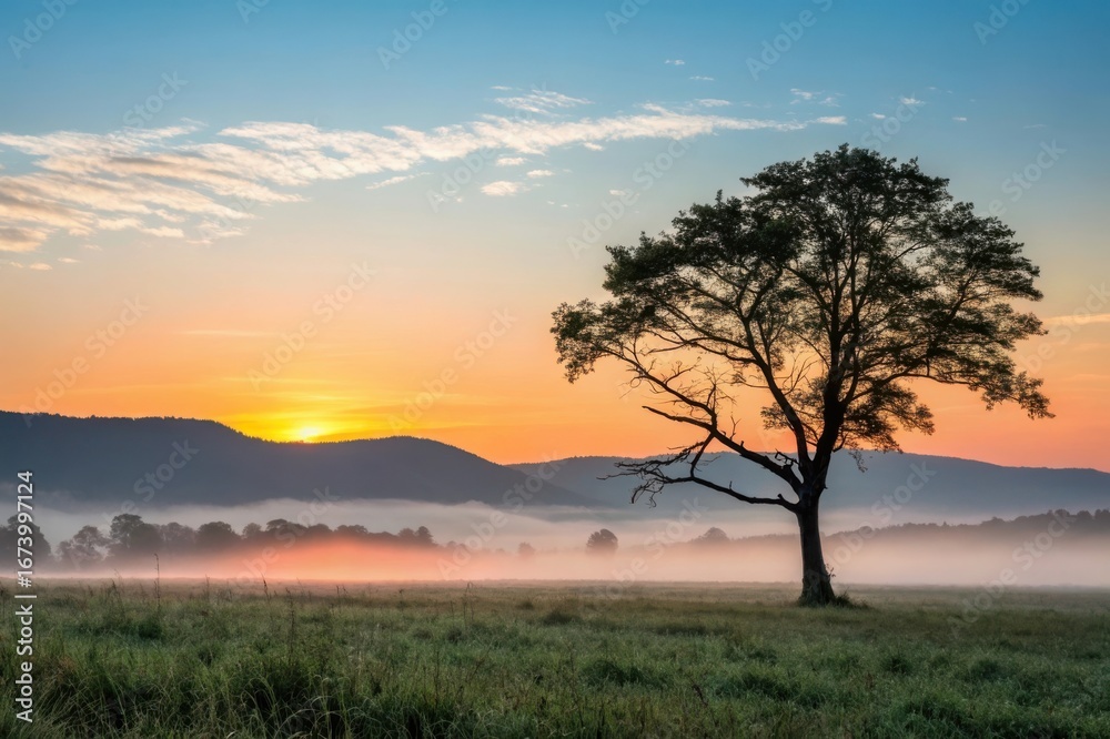 Obraz premium Solitary tree silhouetted against a fiery sunrise sky over a misty meadow landscape