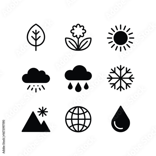 Diverse weather and nature icons representing climate seasons and natural elements for design