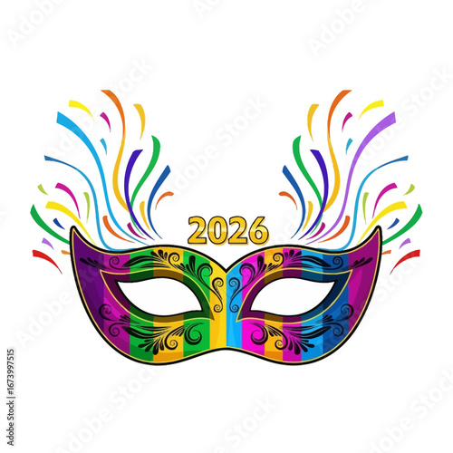 Colorful Mardi Gras Mask with 2026 and Confetti