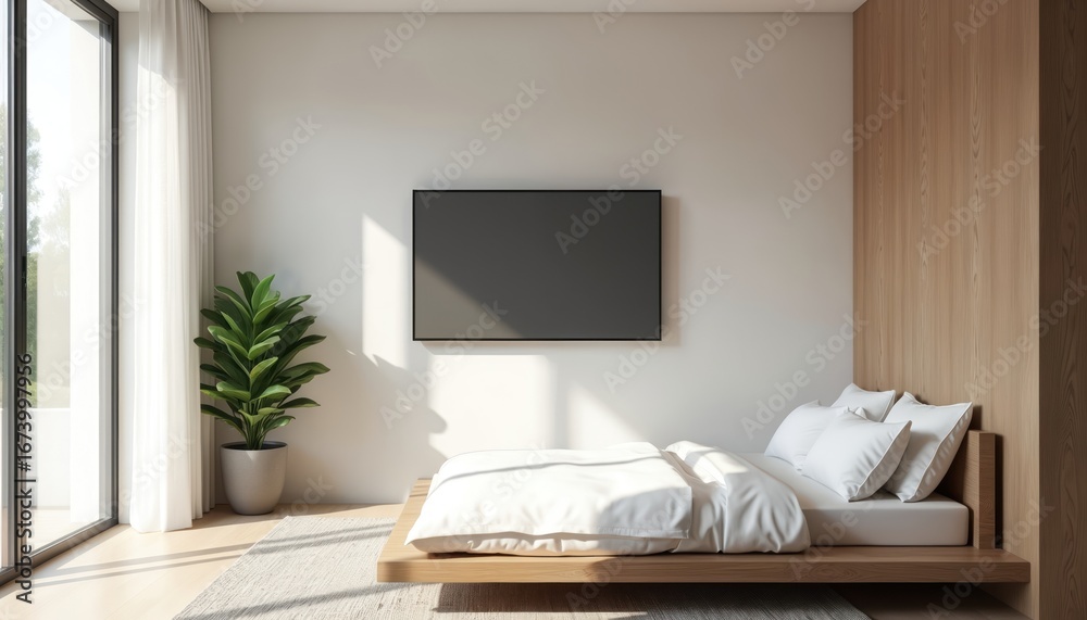 Obraz premium Modern minimalist bedroom with natural light streaming through large windows, creating serene atmosphere. Features low wooden bed, white linens, plant, wall-mounted screen, embodying smart home