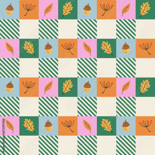 Autumnal checkered pattern with leaves, acorns, and floral sprigs. Cute gingham background. Square Fall banner. Retro design botanical print. Flat style hand drawn vector illustration.
