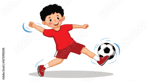 Cartoon Style Cheerful Boy Kicking Soccer Ball Illustration for Children