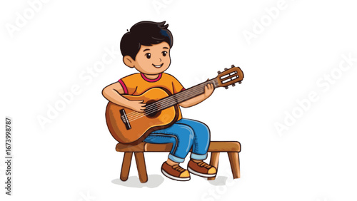 Cartoonish Young Boy Playing Acoustic Guitar Instrument Musical Entertainment