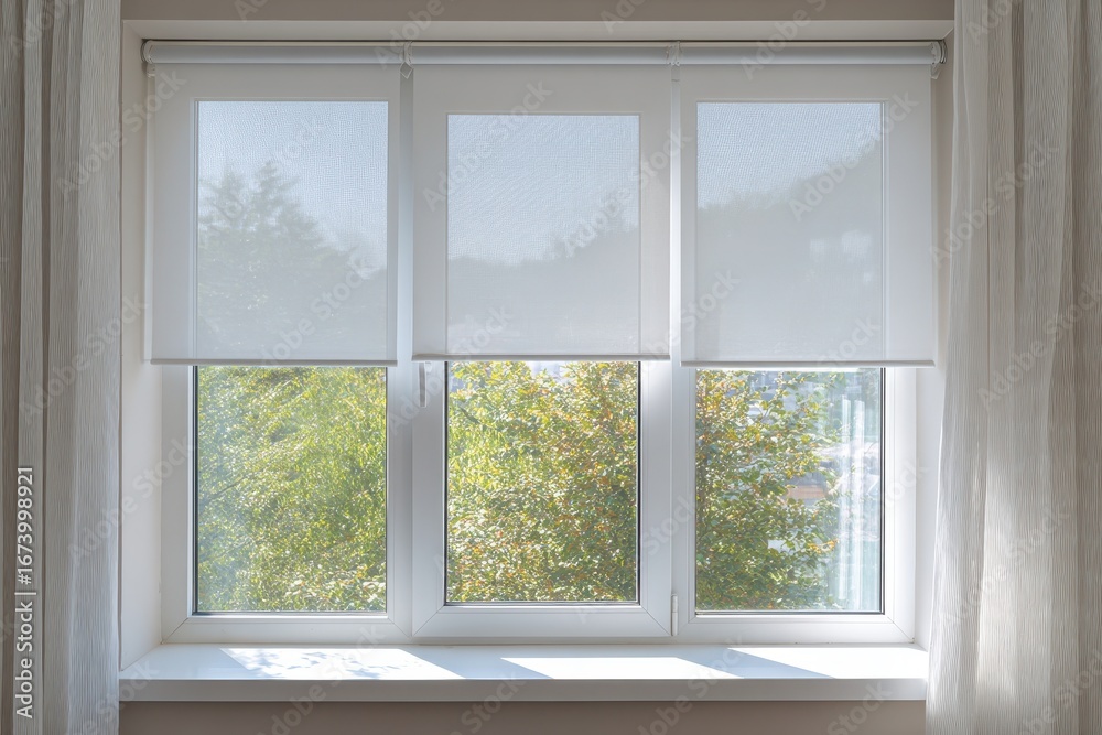 Fototapeta premium Window Vertical Shades. Beautiful Aluminium Roller Blinds for Modern Day Interior Decor