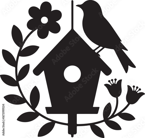 Cozy birdhouse on a tree branch in a garden with birds and nest