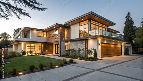 Modern luxury residence with clean lines and warm wood accents at dusk