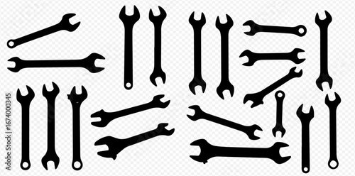 An arrangement of black silhouette wrench tools in varying sizes and orientations on a transparent background.