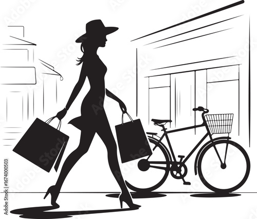 Stylish woman with shopping bags walking silhouette isolated on transparent background