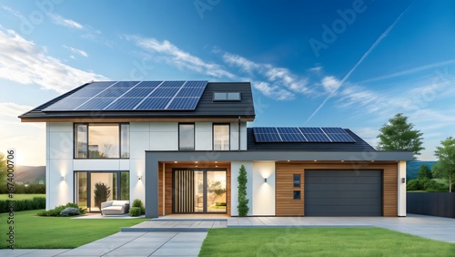 Modern luxury home with solar panels under a bright blue sky