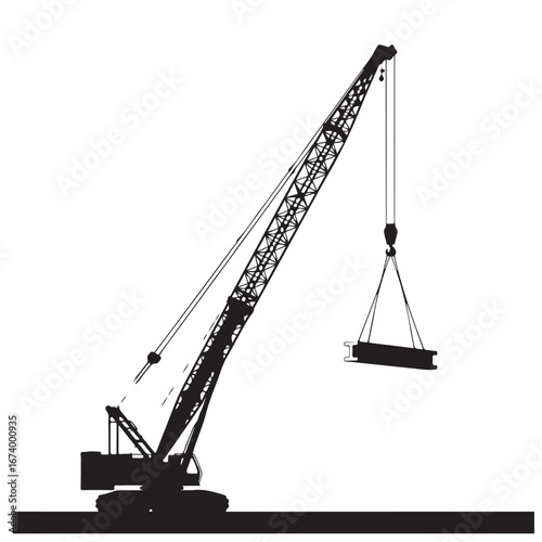 Black Silhouette of Industrial Crane Lifting I-Beam