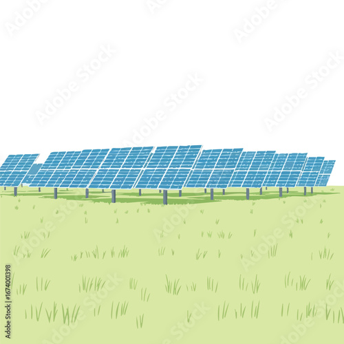 A row of solar panels in a green field