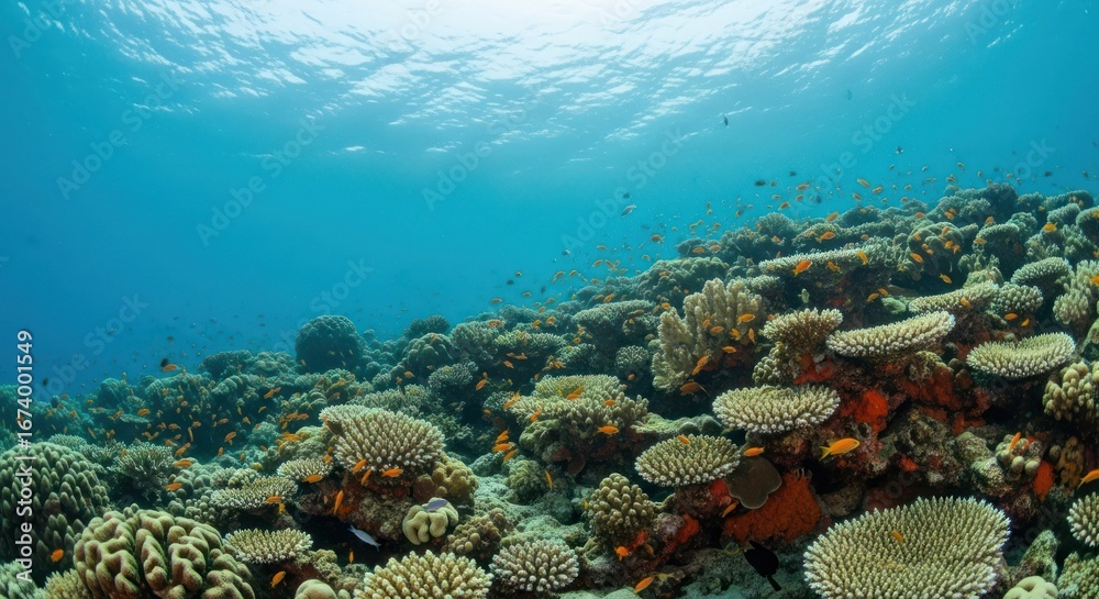 Fototapeta premium Underwater coral reef teeming with small orange fish, sunlit water surface