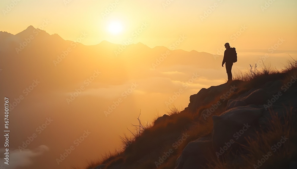 Fototapeta premium A lone hiker stands atop a narrow ridge, wind tugging at their coat. The camera pulls back, revealing vast, cloud-covered peaks stretching endlessly into the horizon. Morning light bathes the scene in