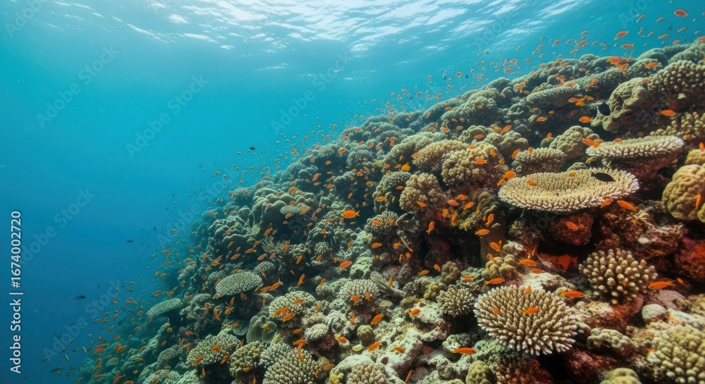 Naklejka premium Vibrant coral reef teeming with small orange fish in clear turquoise water