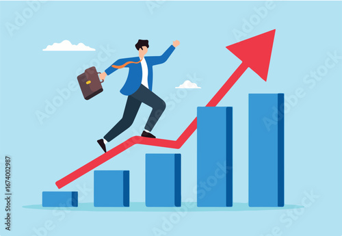 Flat illustration of businessman running up growth chart symbolizing ambition and achievement in career