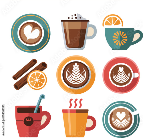 Coffee cup icons set with hot drinks and beverages illustration