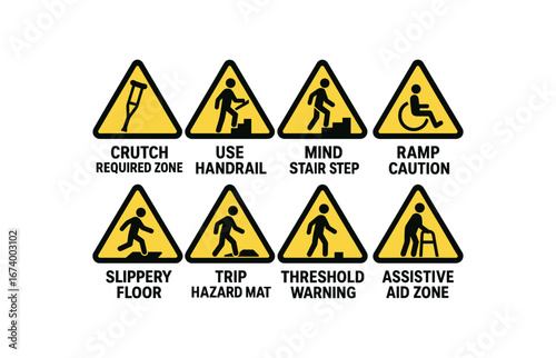 hazard warning icon 8 safety signs black and flat vector style crutch required zone use handrail mind stair step ramp caution slippery floor trip hazard mat threshold warning