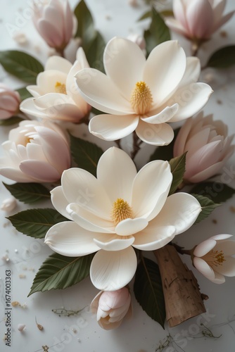 A stunning arrangement of magnolia flowers, showcasing delicate petals and vibrant colors on a soft textured background.