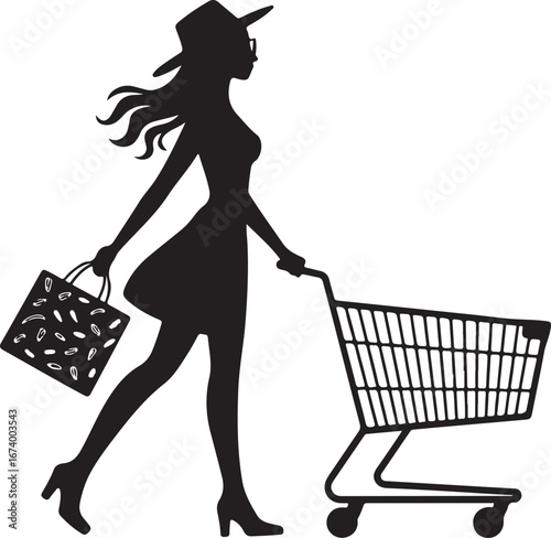 Stylish silhouette of a woman walking with shopping bags isolated on transparent background