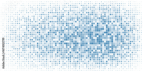 Abstract vector illustration with small squares and pixels. blue Dot halftone with randomus opacity