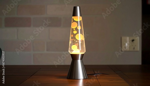 Retro yellow lava lamp glowing warmly on a wooden desk.