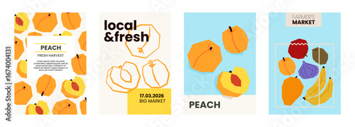 Fresh peach illustration. Simple posters with organic fruits for farmers market advertising. Vector templates with copyspace. Set of harvested food in minimal hand drawn and flat style.
