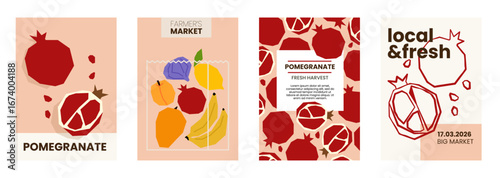 Fresh pomegranate illustration. Simple posters with organic fruits for farmers market advertising. Vector templates with copyspace. Set of harvested tropical food in minimal hand drawn and flat style.
