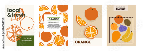 Fresh orange illustration. Simple posters with organic fruits for farmers market advertising. Vector templates with copyspace. Set of harvested tropical food in minimal hand drawn and flat style.