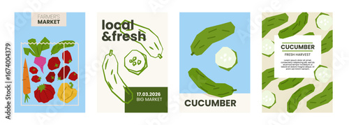 Fresh cucumber illustration. Simple posters with green vegetable for farmers market advertising. Vector templates with copyspace. Set of harvested veggies in minimal hand drawn and flat style.