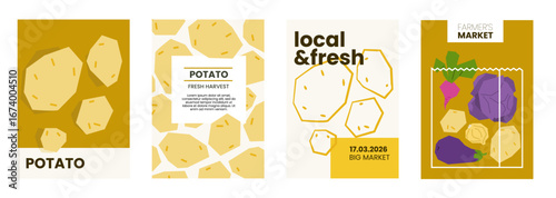 Fresh potato illustration. Simple posters with root vegetable for farmers market advertising. Vector templates with copyspace. Set of harvested salad vegetables in minimal hand drawn and flat style.