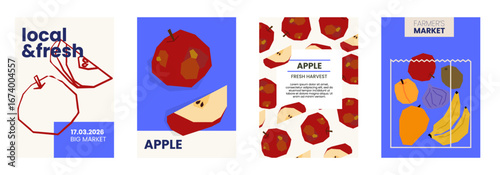 Fresh apple illustration. Simple posters with organic fruits for farmers market advertising. Vector templates with copyspace. Set of harvested food in minimal hand drawn and flat style.