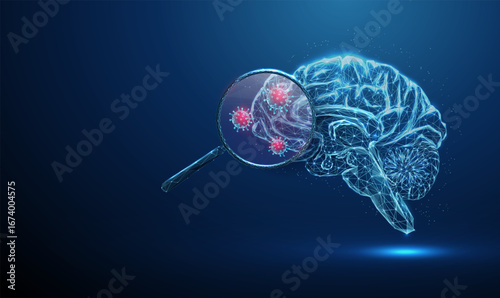 3d brain with magnifying glass and red viruses inside Viral brain infection, targeted antiviral therapy, precision medicine, immunotherapy concept