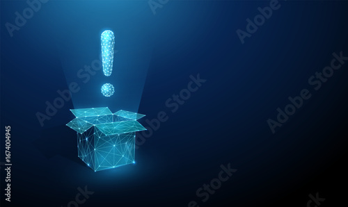 3d exclamation mark from an open box. Warning, risk awareness, important information, problem detection, alert system, innovation, unexpected outcome concept.
