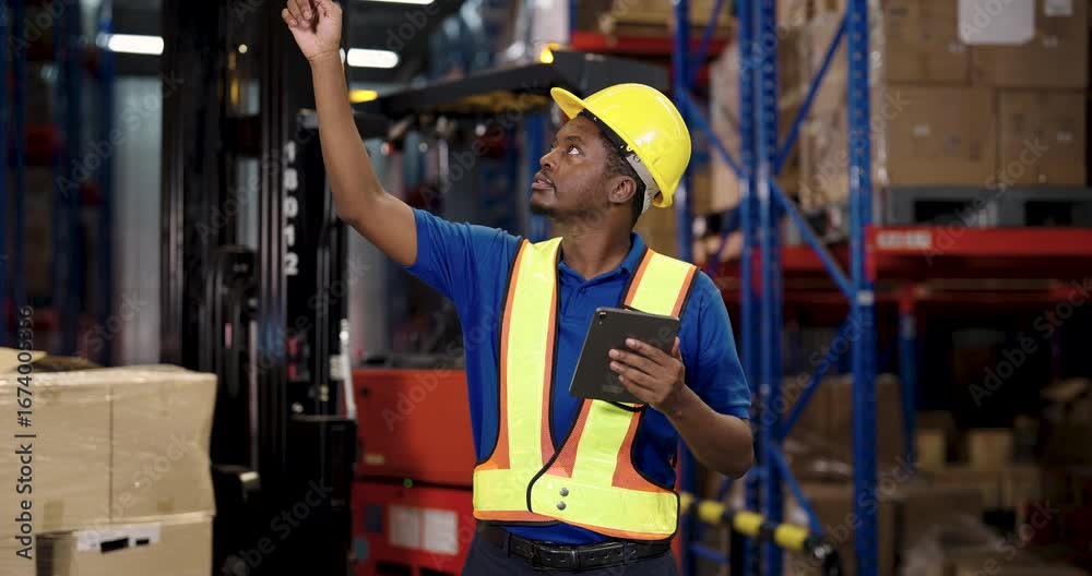 african american male warehouse inspector in safety vest and helmet ...